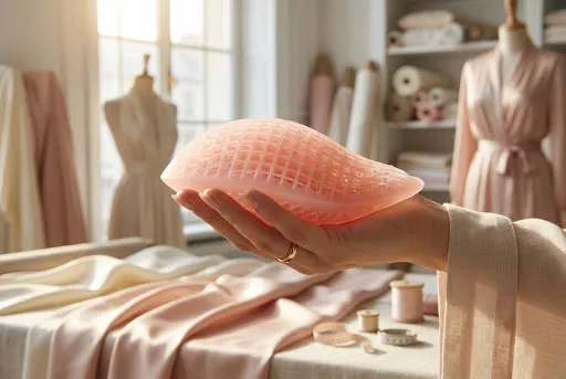 A professional lifestyle shot of a designer's hand delicately holding a light pink silicone breast prosthesis with an visible internal lattice structure.