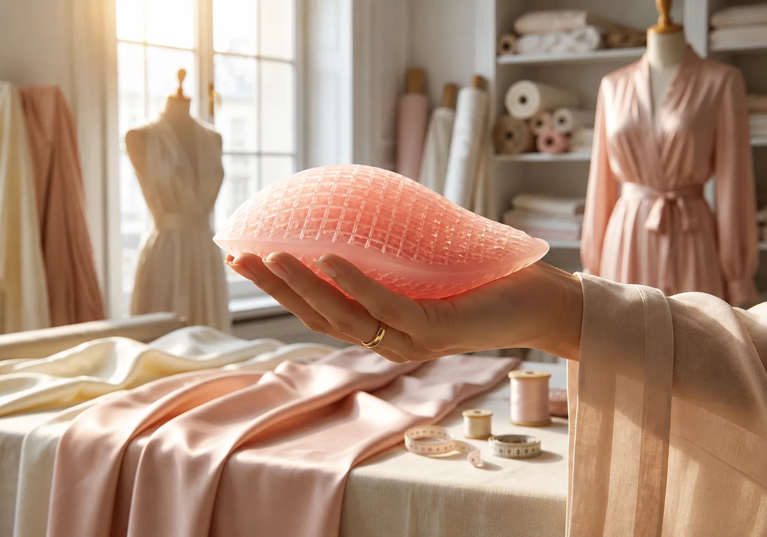 A professional lifestyle shot of a designer's hand delicately holding a light pink silicone breast prosthesis with an visible internal lattice structure.